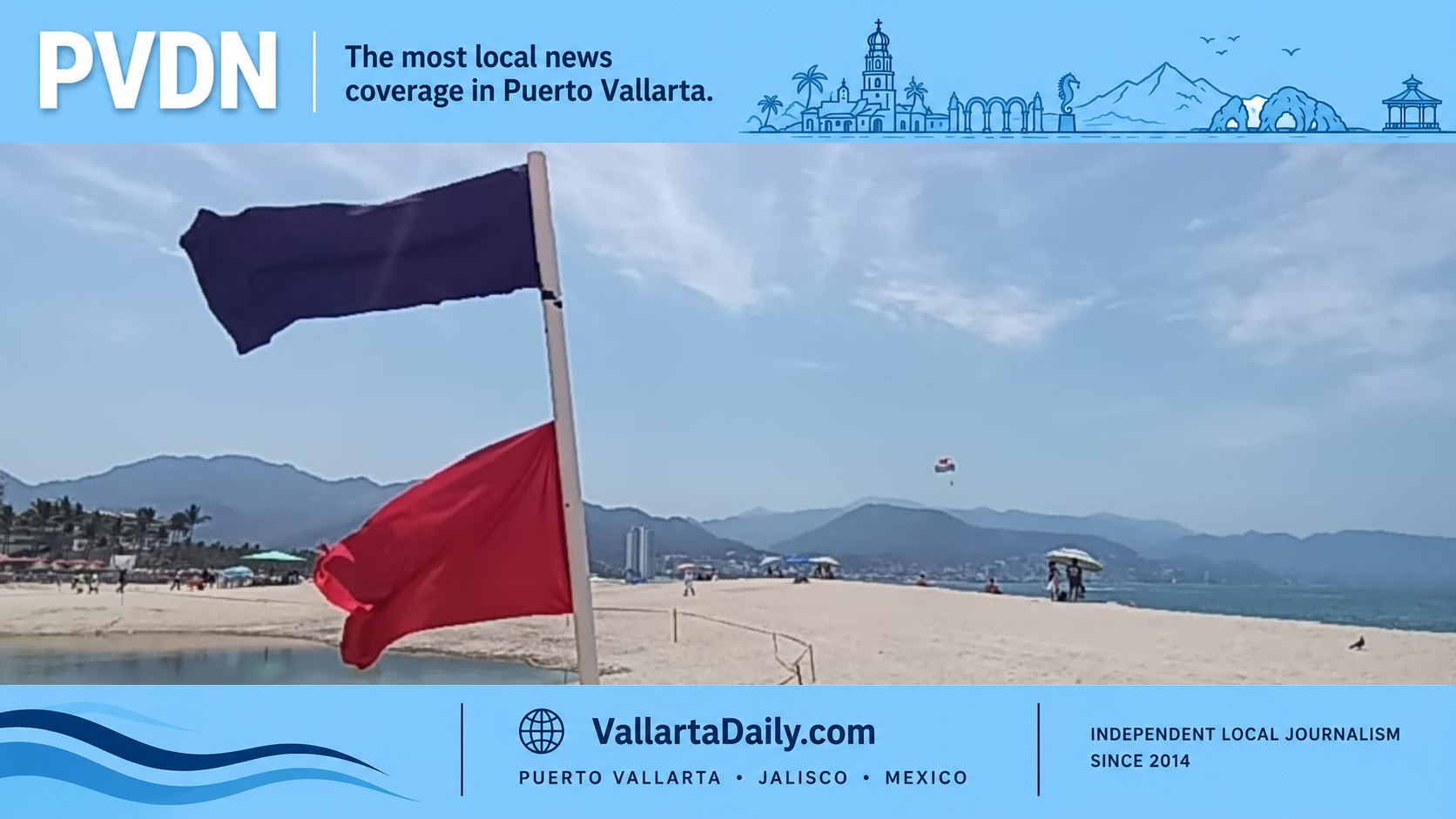 Purple and red flags are posted at river mouths and Marina Vallarta beaches as officials warn of crocodile movement during rains.