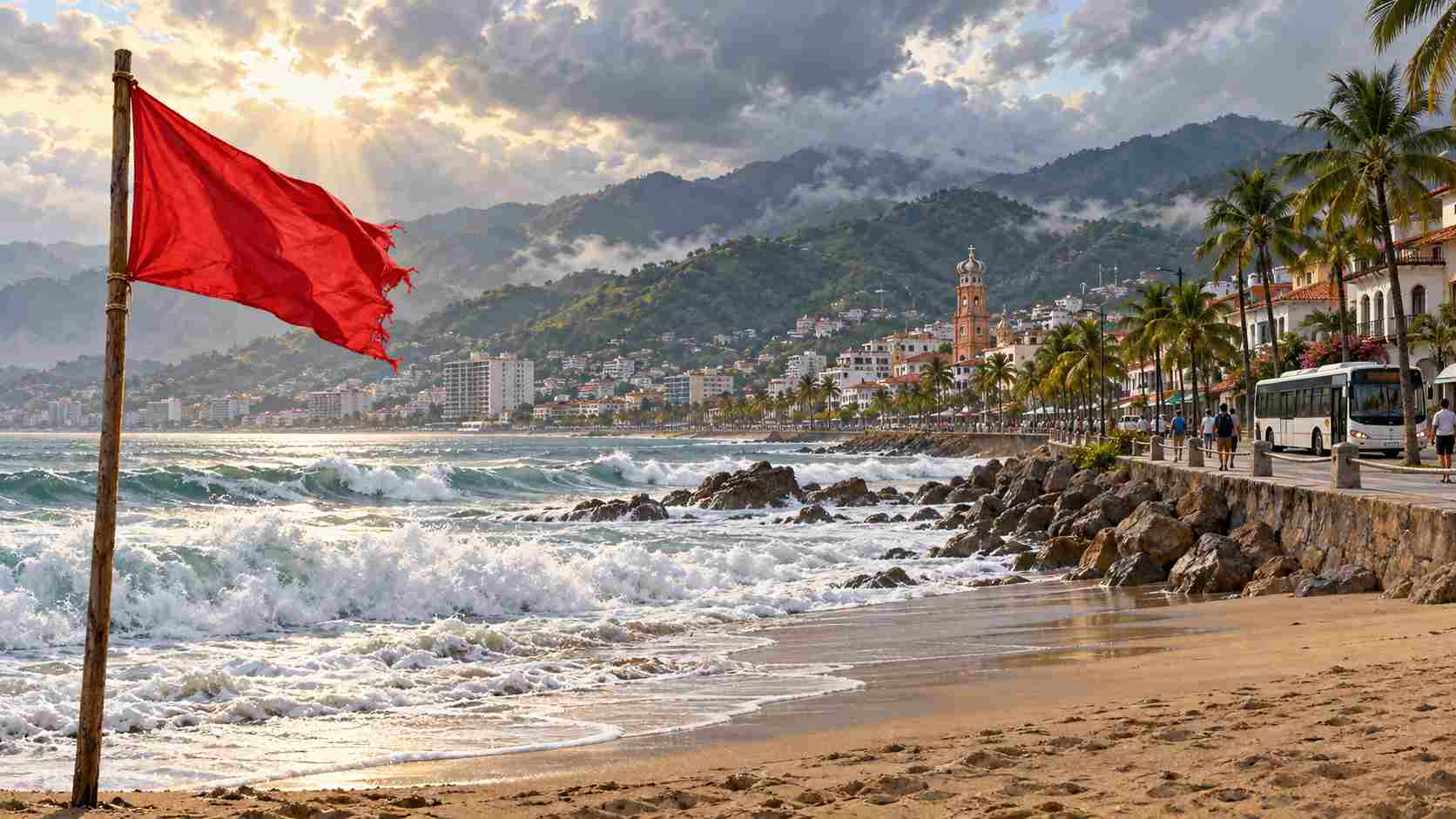 AI-generated illustration of Puerto Vallarta resuming daily activities after Hurricane Simon while beach restrictions remain in place.